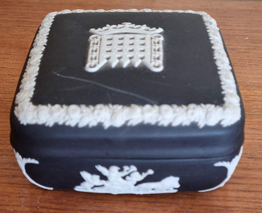 Cream Color on Black Jasperware Square Box with Lid by Wedgwood-1