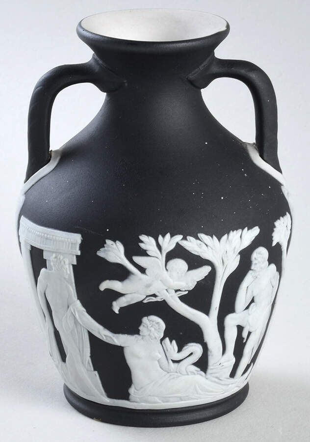 Cream Color on Black Jasperware 4" Two Handles Portland Vase by Wedgwood-1