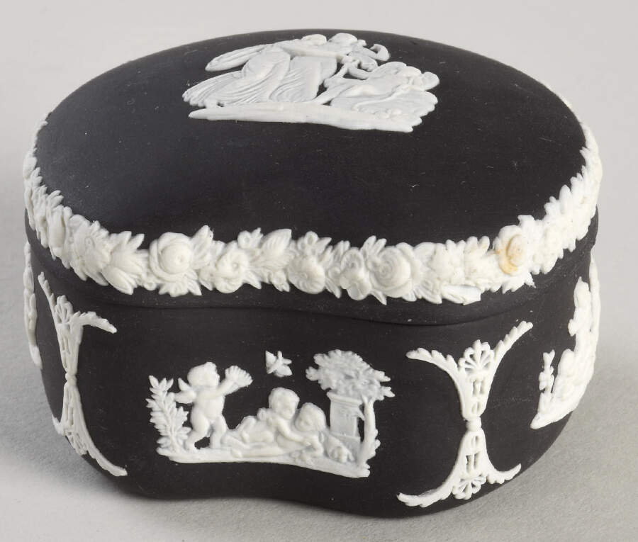 Cream Color on Black Jasperware Bean Box & Lid by Wedgwood-1