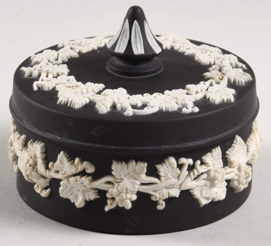 Cream Color on Black Jasperware Small Spiked Knob Box by Wedgwood-1