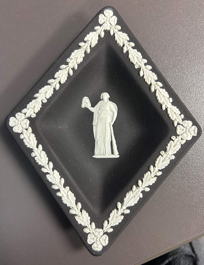 Cream Color on Black Jasperware Small Diamond Shape Ashtray by Wedgwood-1