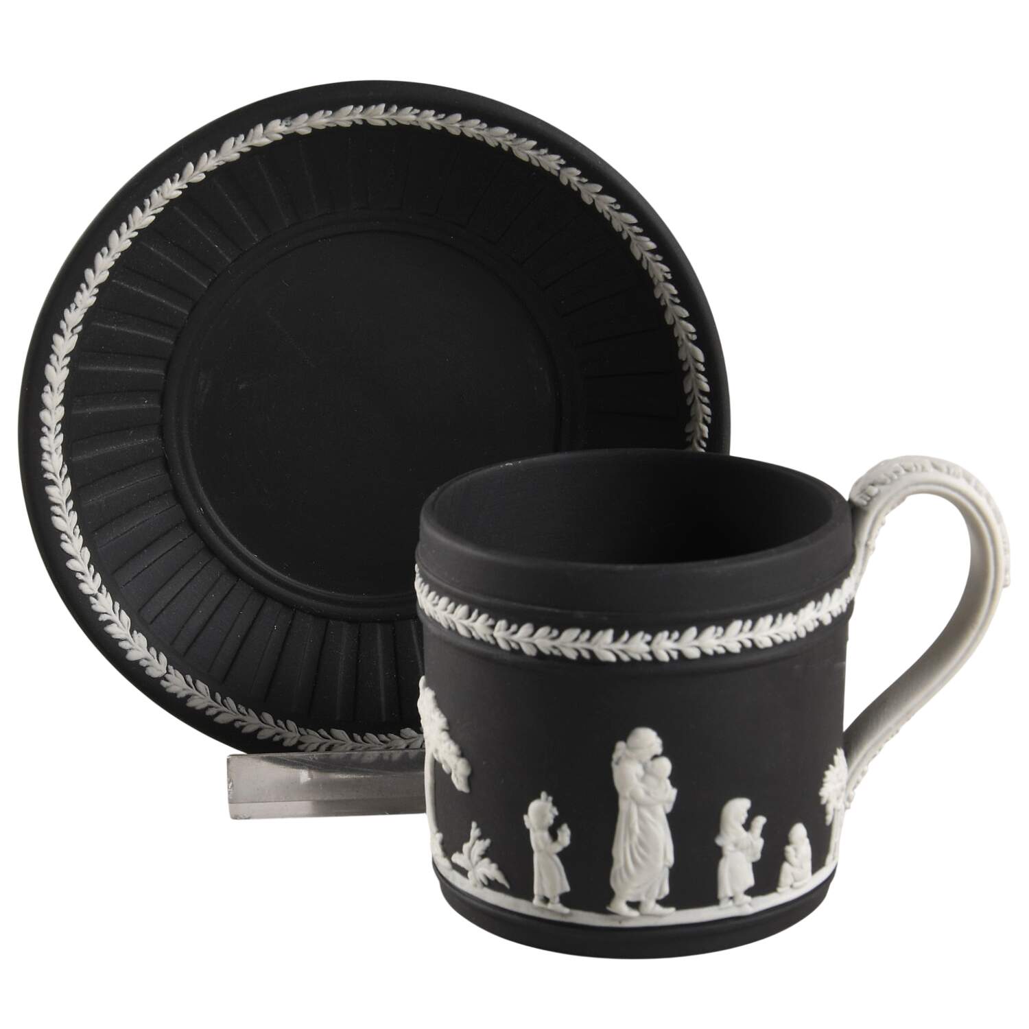 Cream Color on Black Jasperware Flat Demitasse Cup & Saucer Set by Wedgwood-1