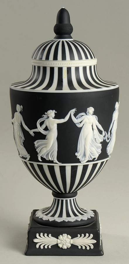 Cream Color on Black Jasperware 9" Footed Urn with Lid by Wedgwood-1