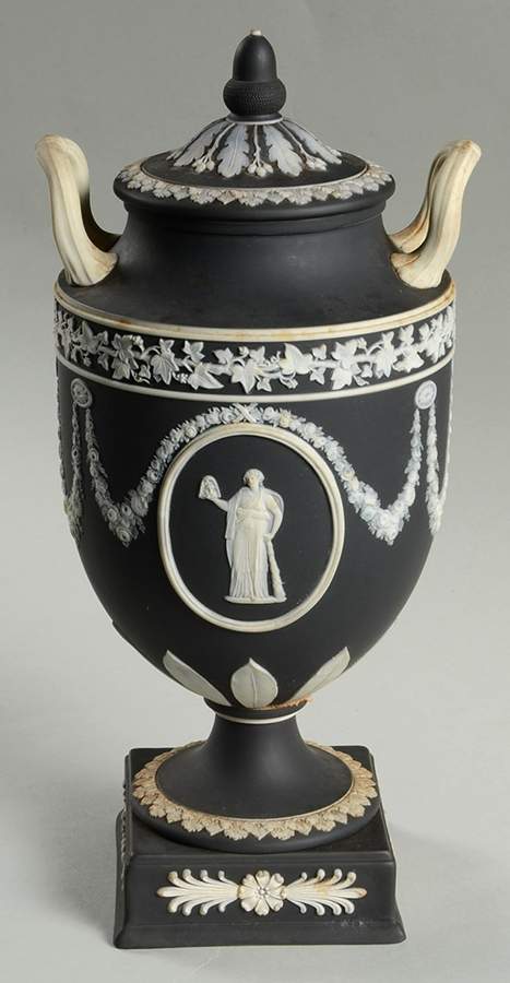 Cream Color on Black Jasperware 12" Vase/Urn & Llid by Wedgwood-1