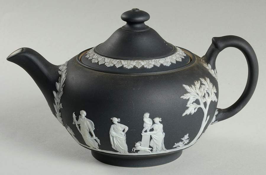 Cream Color on Black Jasperware Mini Teapot & Lid by Wedgwood-1