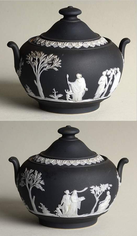Cream Color on Black Jasperware Sugar Bowl & Lid by Wedgwood-1
