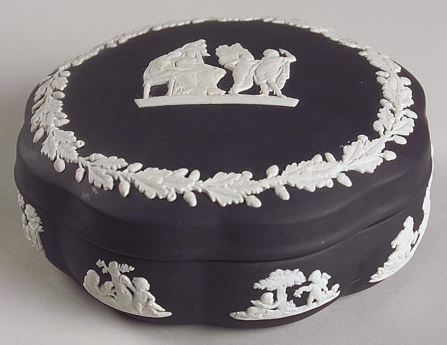 Cream Color on Black Jasperware Large Scalloped Candy Box & Lid by Wedgwood-1