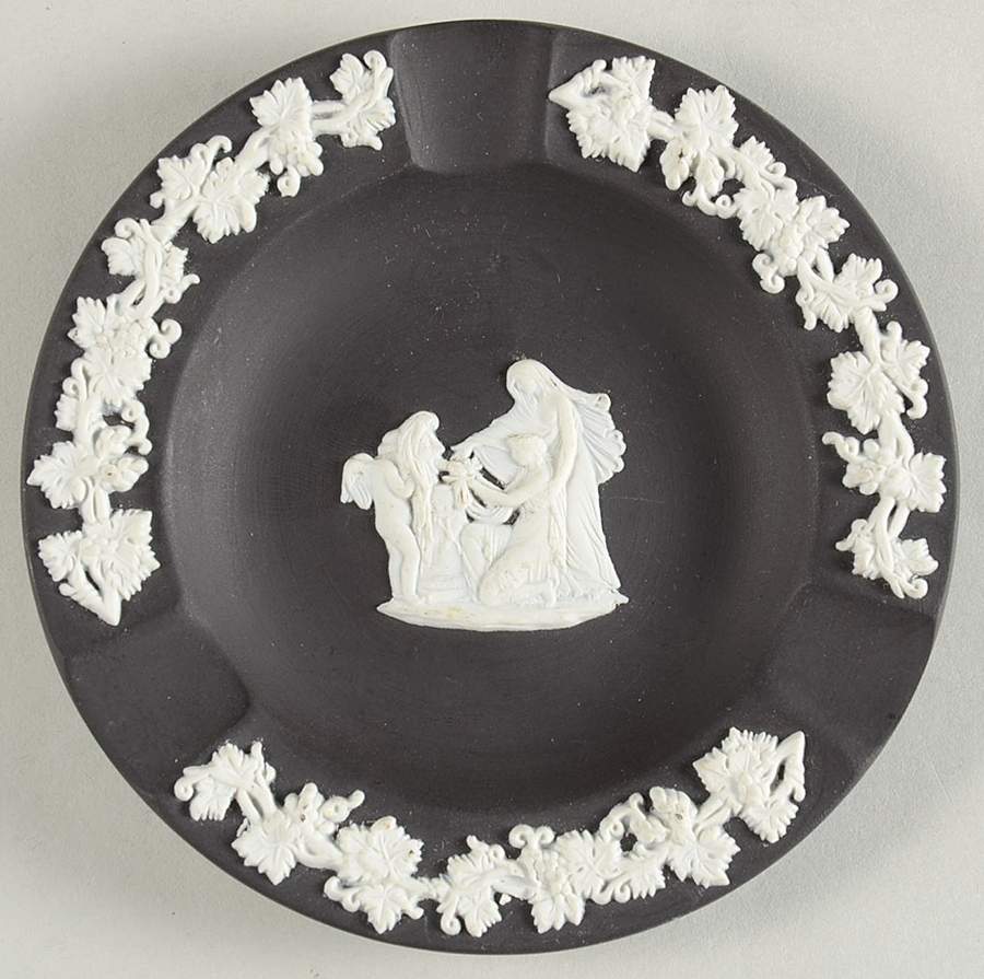 Cream Color on Black Jasperware Round Fluted 3-Slot Ashtray by Wedgwood-1