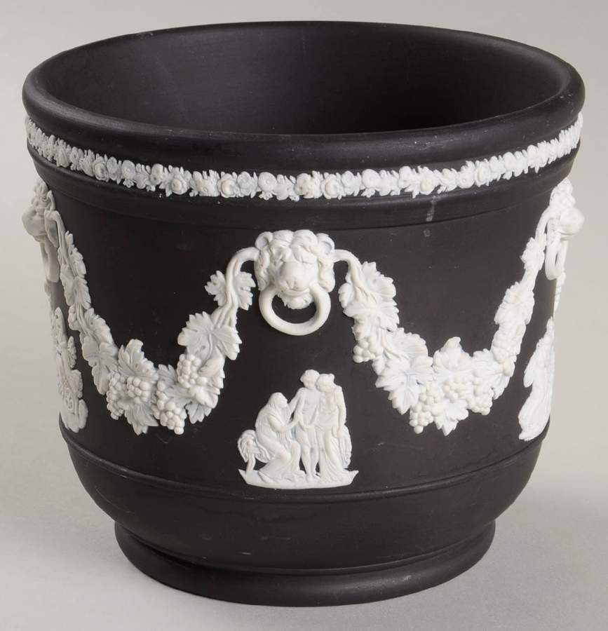 Cream Color on Black Jasperware Jardiniere by Wedgwood-1