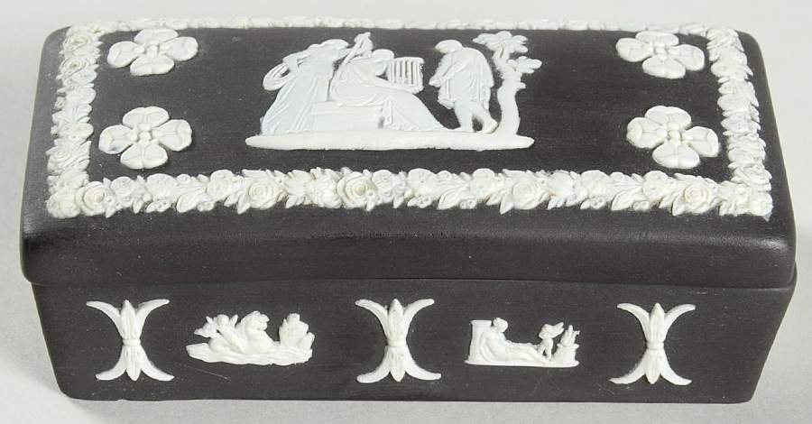 Cream Color on Black Jasperware 3" Rectangular Box & Lid by Wedgwood-1