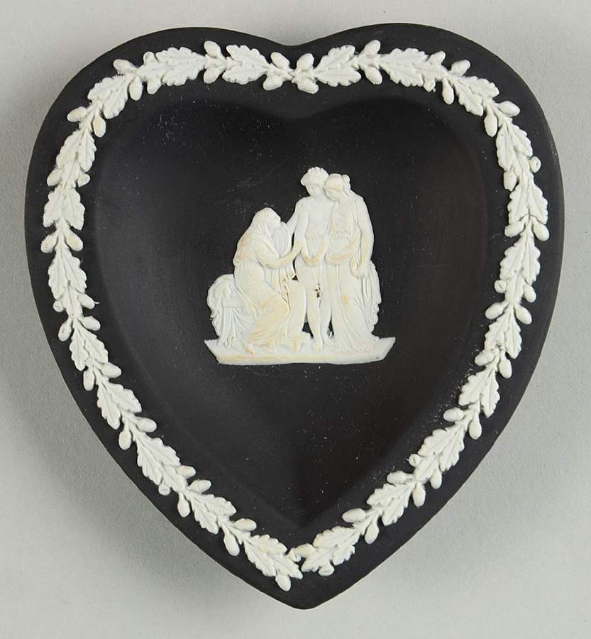 Cream Color on Black Jasperware Small Heart Shape Ashtray by Wedgwood-1