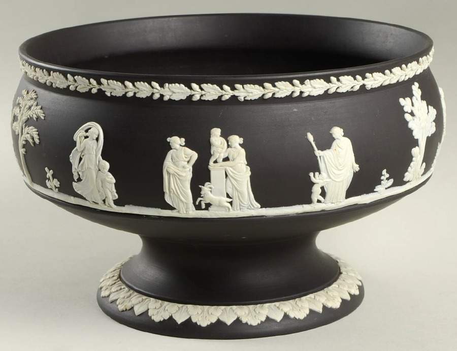 Cream Color on Black Jasperware 8" Round Footed Imperial Bowl by Wedgwood-1