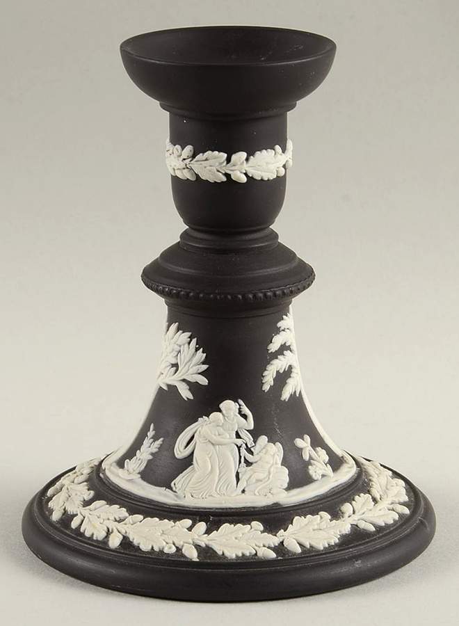 Cream Color on Black Jasperware Single Reading Candlestick by Wedgwood-1
