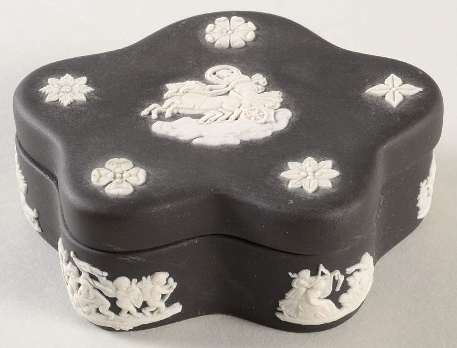 Cream Color on Black Jasperware Pentefoil Box & Lid by Wedgwood-1