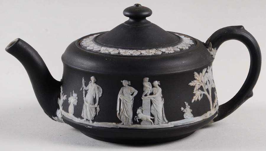 Cream Color on Black Jasperware Teapot & Lid by Wedgwood-1