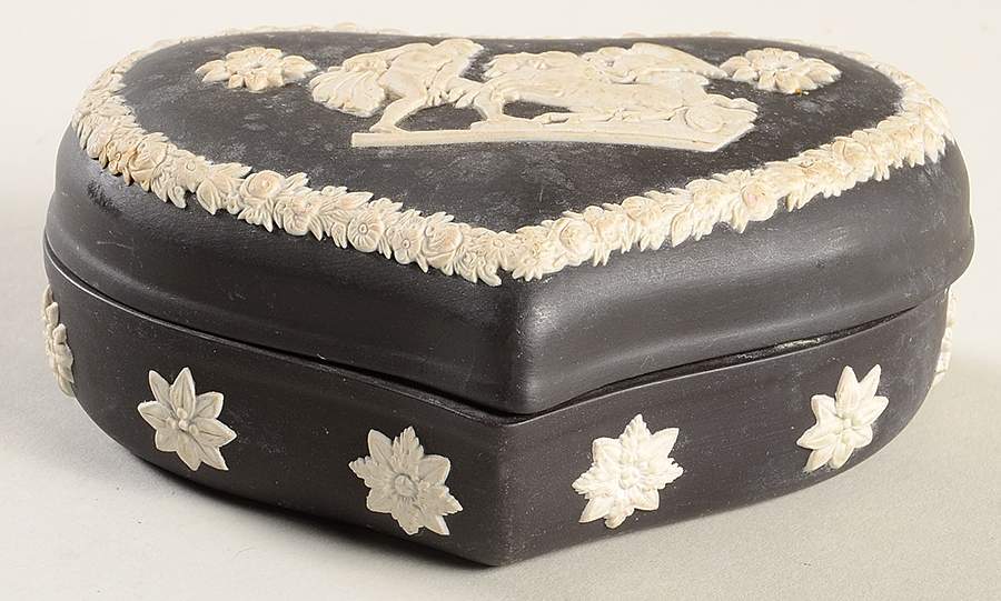 Cream Color on Black Jasperware Heart Shape Box & Lid by Wedgwood-1
