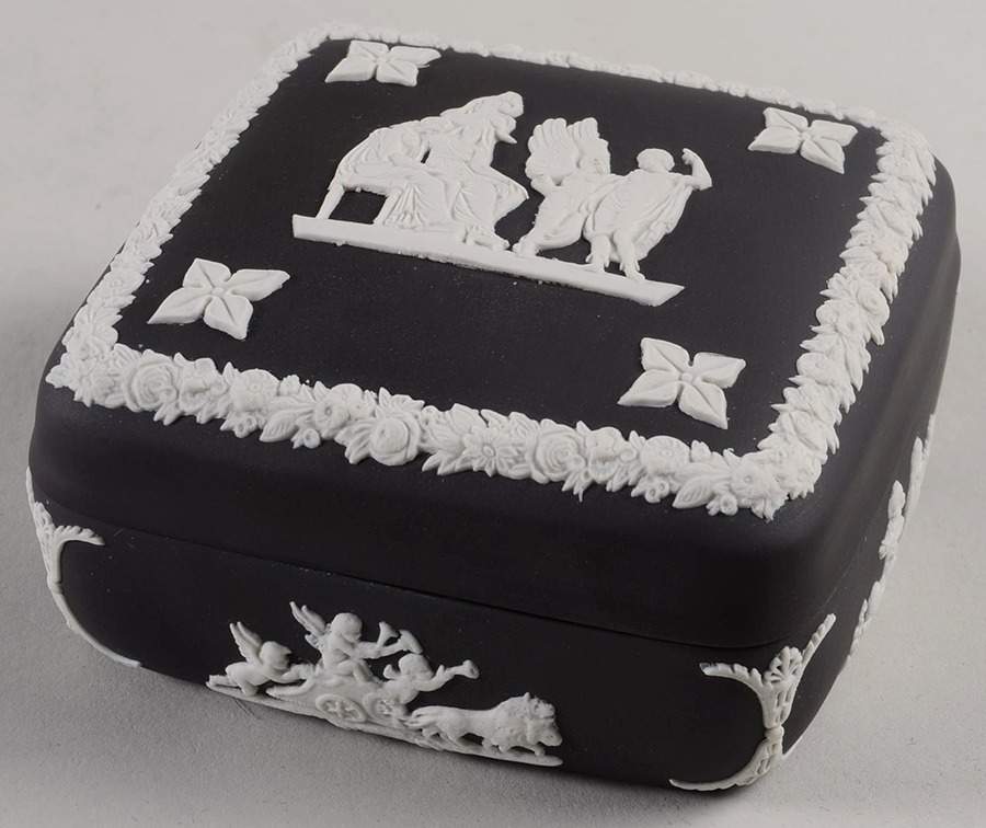 Cream Color on Black Jasperware Square Box with Lid by Wedgwood-1