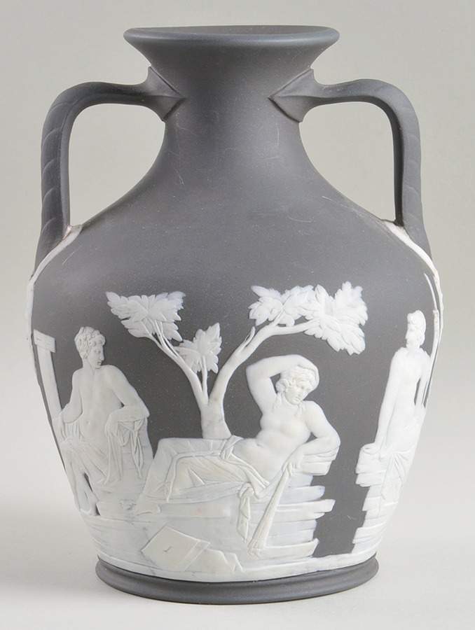 Cream Color on Black Jasperware Two Handled Portland Vase by Wedgwood-1
