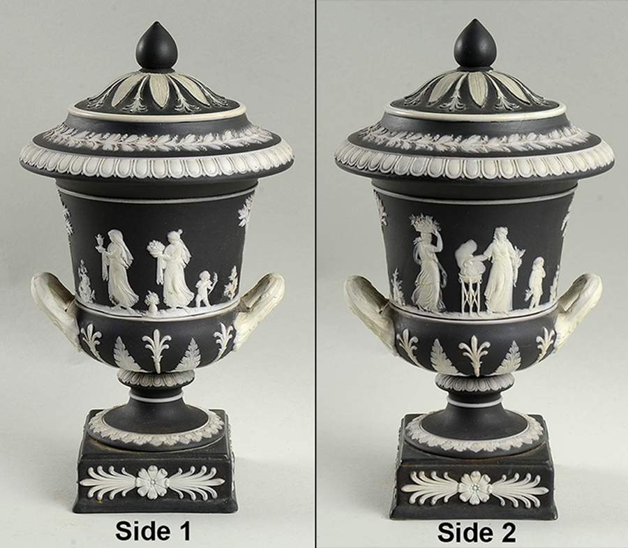 Cream Color on Black Jasperware Vase/Urn & Lid by Wedgwood-1