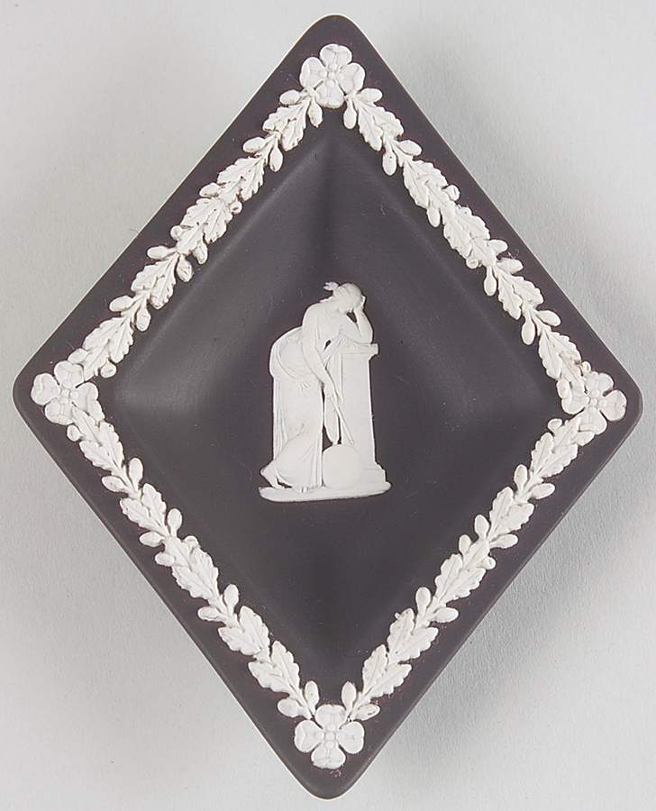 Cream Color on Black Jasperware Small Diamond Shape Ashtray by Wedgwood-1