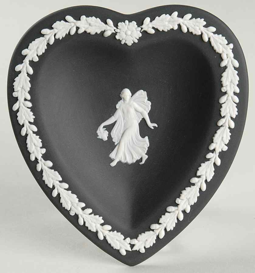 Cream Color on Black Jasperware Small Heart Shape Ashtray by Wedgwood-1