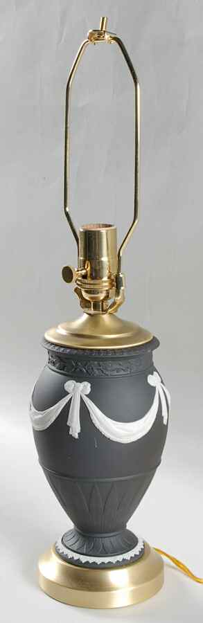 Cream Color on Black Jasperware Small Electric Lamp No Shade by Wedgwood-1