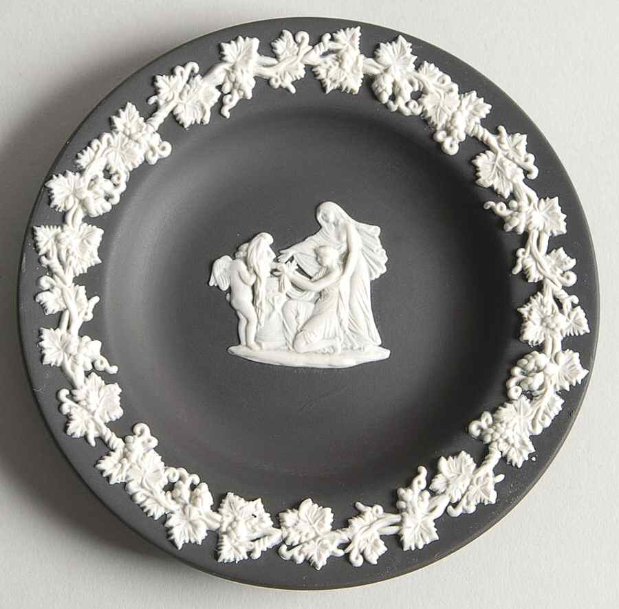 Cream Color on Black Jasperware 4" Round Tray by Wedgwood-1