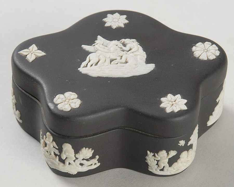 Cream Color on Black Jasperware Pentefoil Box & Lid by Wedgwood-1