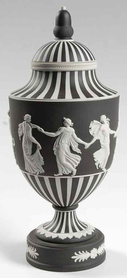 Cream Color on Black Jasperware Dancing Hours Vase/Urn & Lid by Wedgwood-1