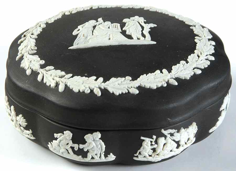 Cream Color on Black Jasperware Large Scalloped Candy Box & Lid by Wedgwood-1