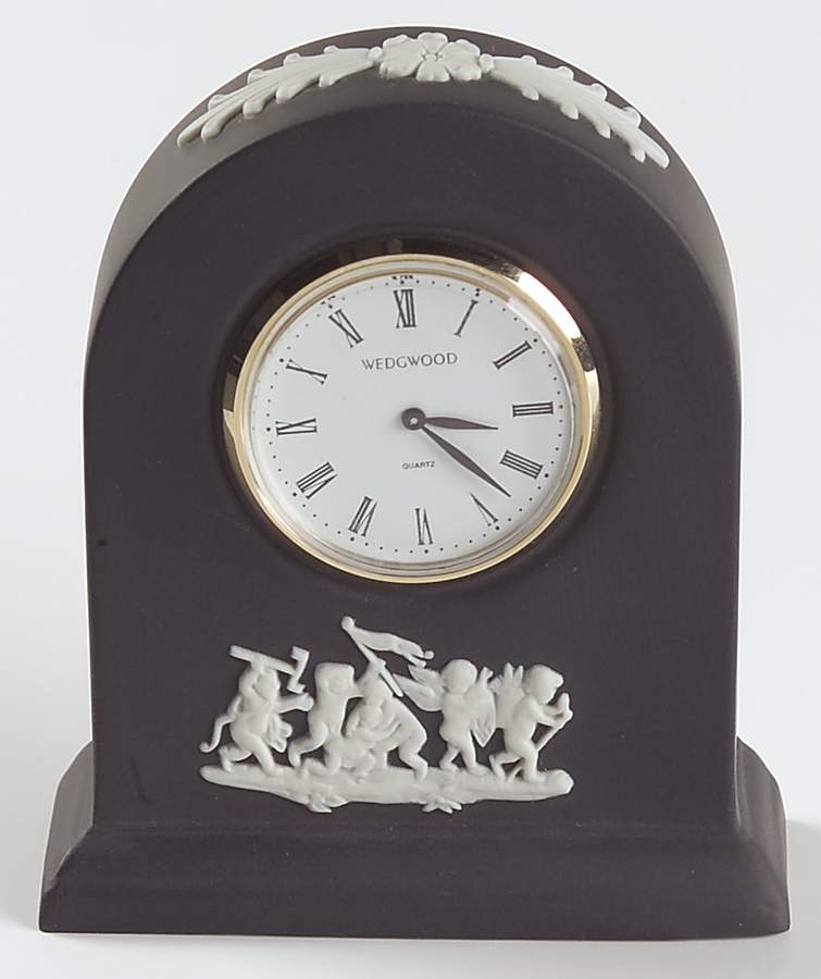 Cream Color on Black Jasperware Small Grecian Clock by Wedgwood-1