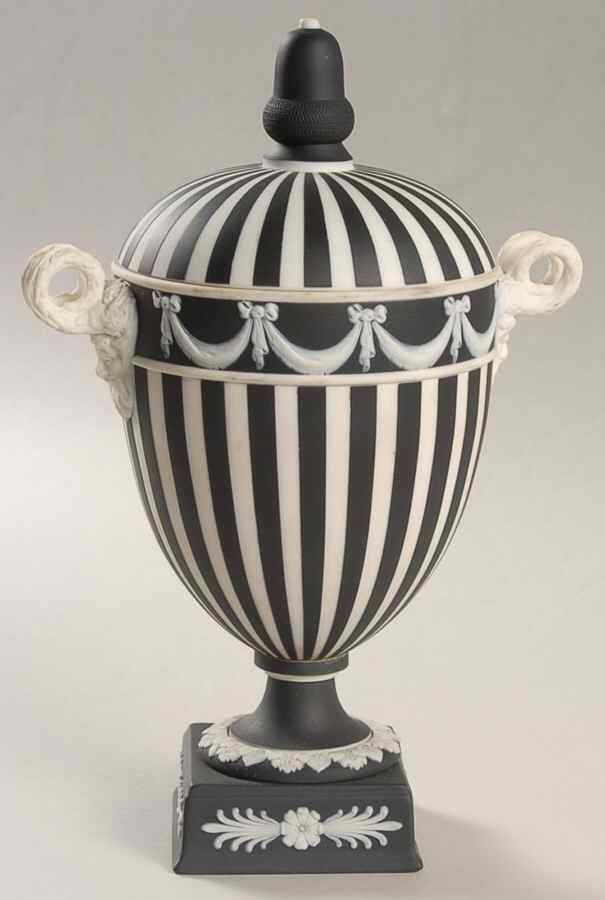 Cream Color on Black Jasperware Vase/Urn & Lid by Wedgwood-1