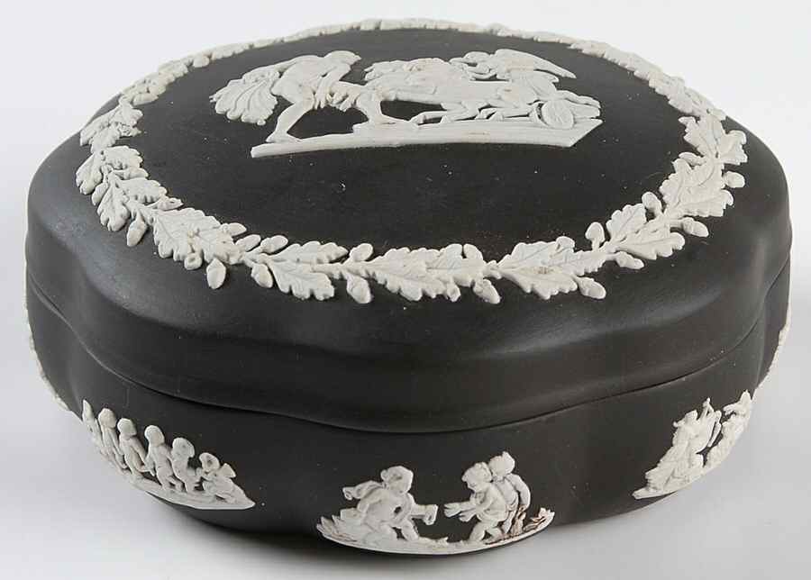 Cream Color on Black Jasperware Large Scalloped Candy Box & Lid by Wedgwood-1