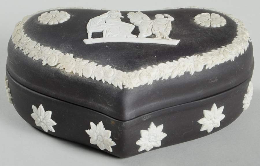 Cream Color on Black Jasperware Heart Shape Box & Lid by Wedgwood-1