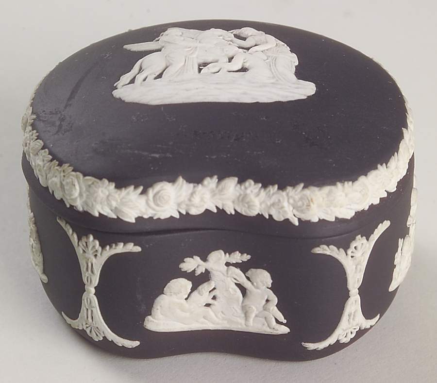 Cream Color on Black Jasperware Bean Box & Lid by Wedgwood-1