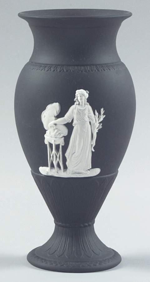 Cream Color on Black Jasperware 7" Sacrifice Vase by Wedgwood-1