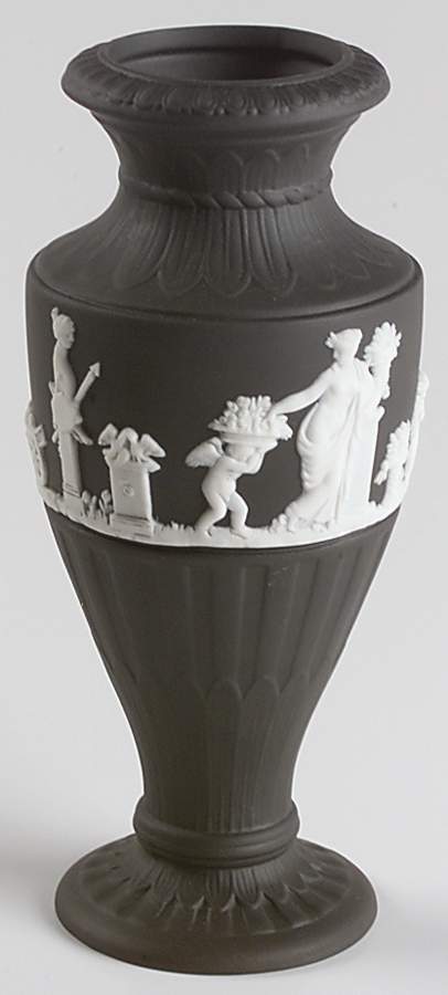 Cream Color on Black Jasperware 6" Fluted Vase by Wedgwood-1