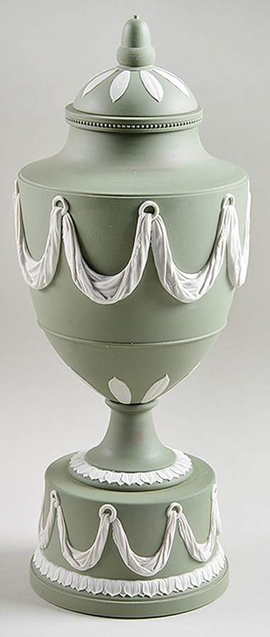 Cream Color on Celadon Jasperware 14" Vase/Urn & Lid by Wedgwood-1