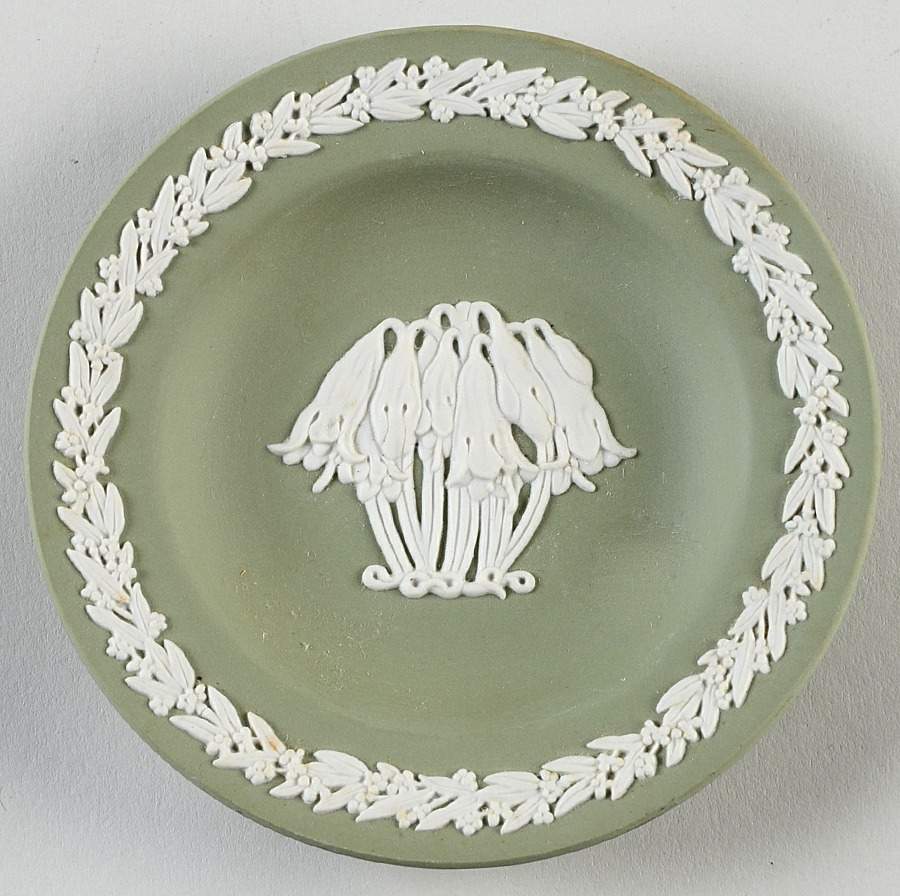 Cream Color on Celadon Jasperware 4" Round Tray by Wedgwood-1