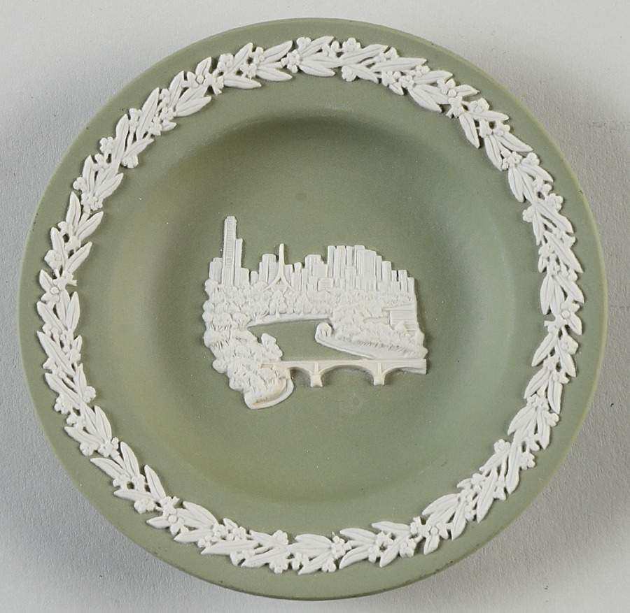 Cream Color on Celadon Jasperware Round Landmark Tray by Wedgwood-1