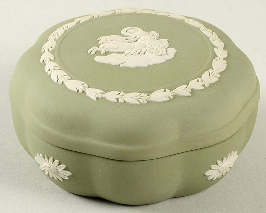 Cream Color on Celadon Jasperware Small Scalloped Candy Box by Wedgwood-1