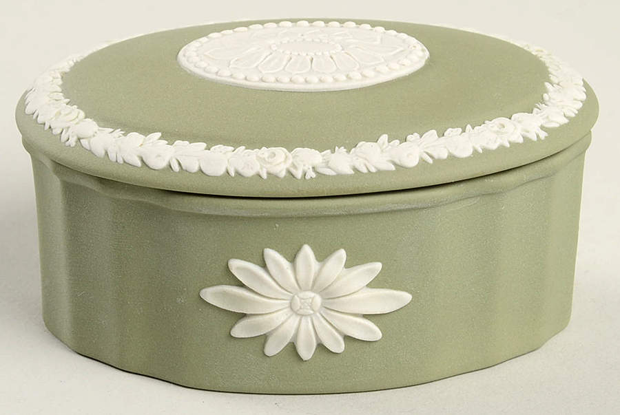 Cream Color on Celadon Jasperware Camilla Box with Lid by Wedgwood-1