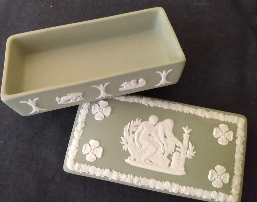 Cream Color on Celadon Jasperware 3" Rectangular Box & Lid by Wedgwood-1