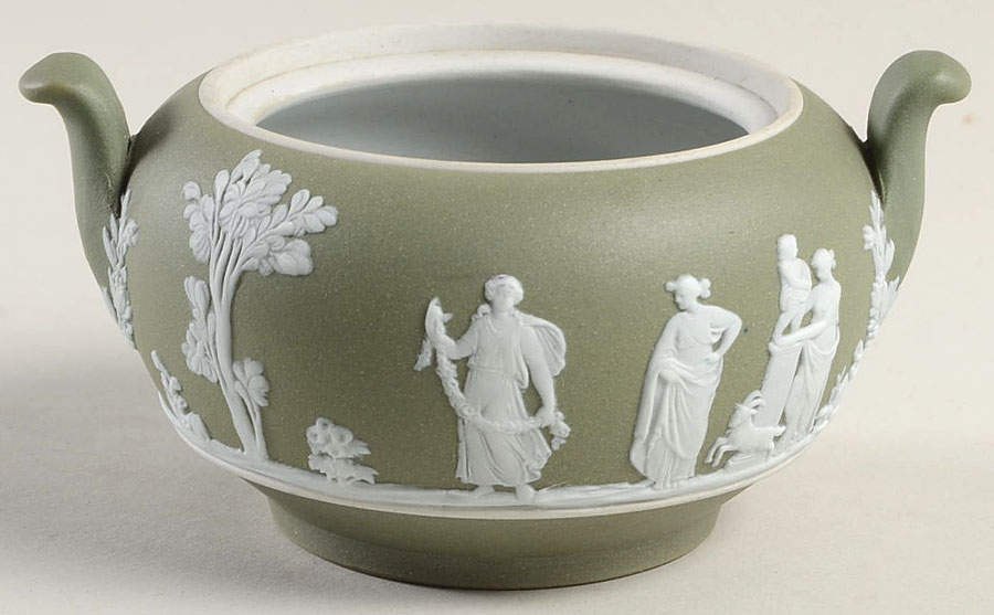 Cream Color on Celadon Jasperware Mini Sugar Bowl No Lid by Wedgwood-1