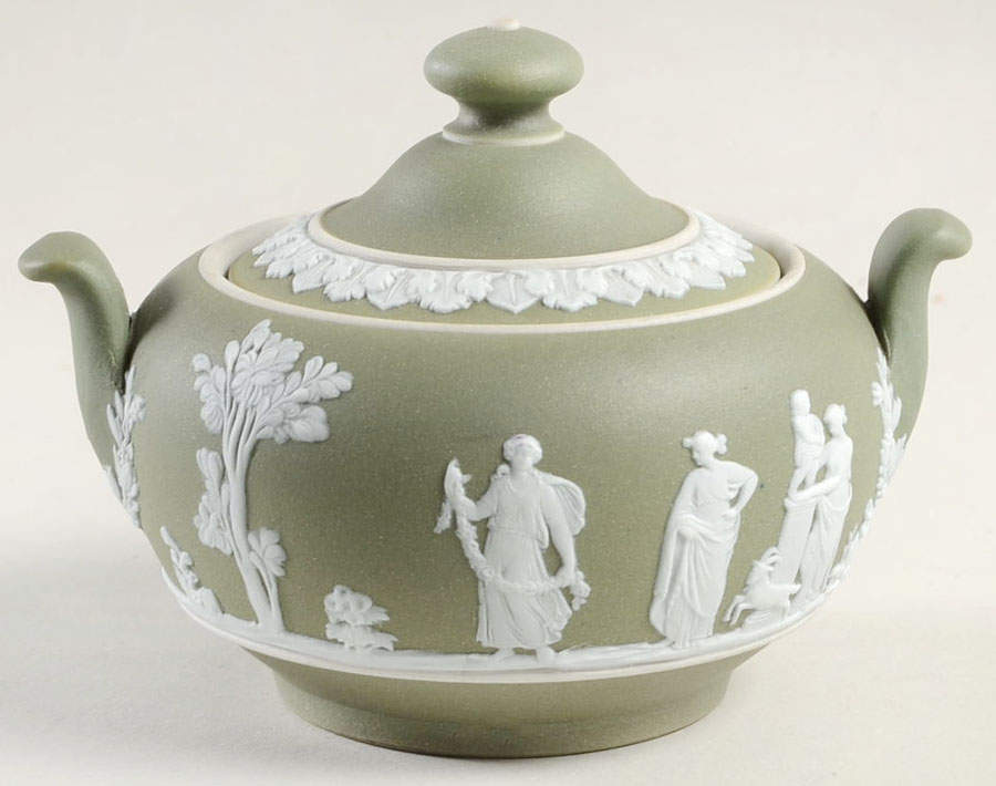 Cream Color on Celadon Jasperware Mini Sugar Bowl & Lid by Wedgwood-1