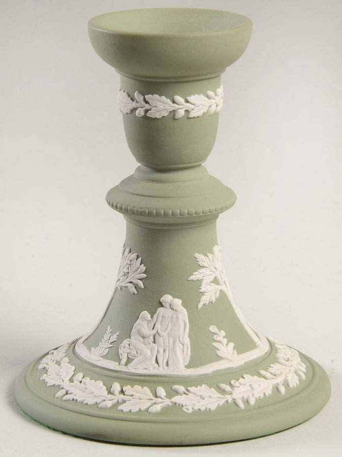 Cream Color on Celadon Jasperware Single Reading Candlestick by Wedgwood-1