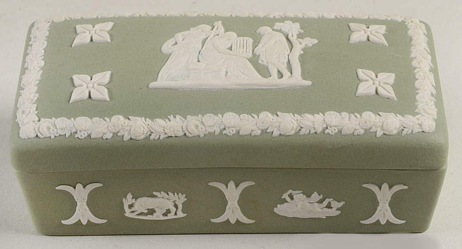 Cream Color on Celadon Jasperware 3" Rectangular Box & Lid by Wedgwood-1