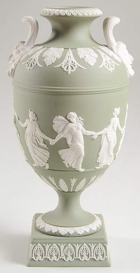 Cream Color on Celadon Jasperware 10" Urn No Lid by Wedgwood-1