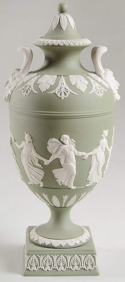 Cream Color on Celadon Jasperware 10" Urn with Lid by Wedgwood-1