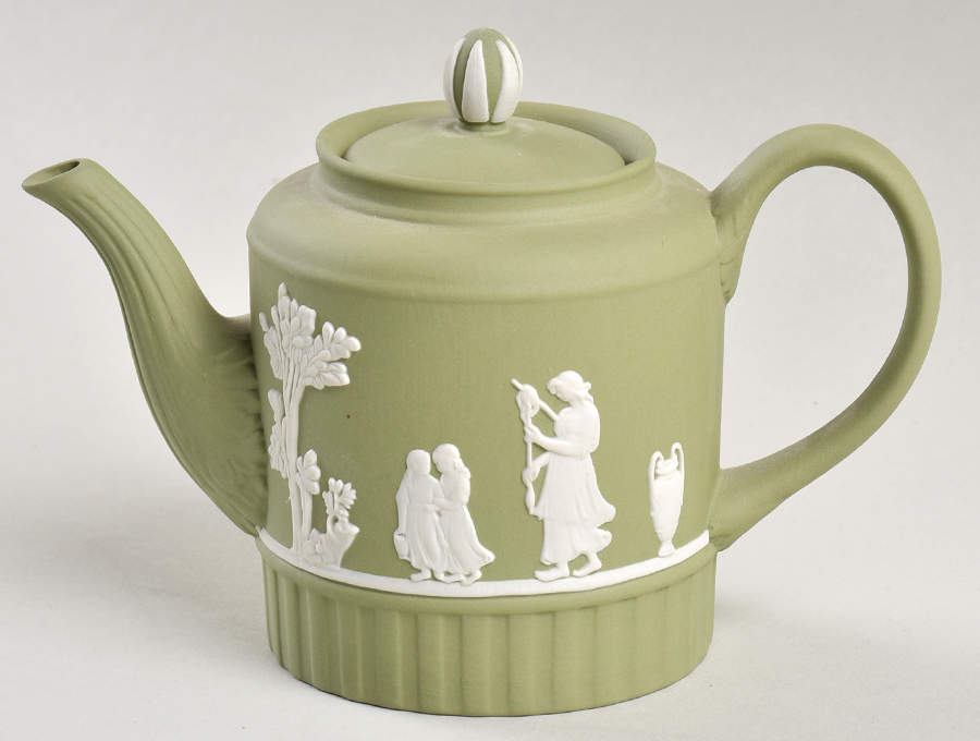 Cream Color on Celadon Jasperware Individual Teapot & Lid by Wedgwood-1